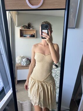 Bershka Strapless Cream Smocked Eyelet Skater Dress